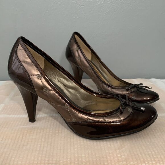 Antonio Melani Brocade Size 9 Quilted Brown Patent Leather Heels Twee Academia - Picture 1 of 9